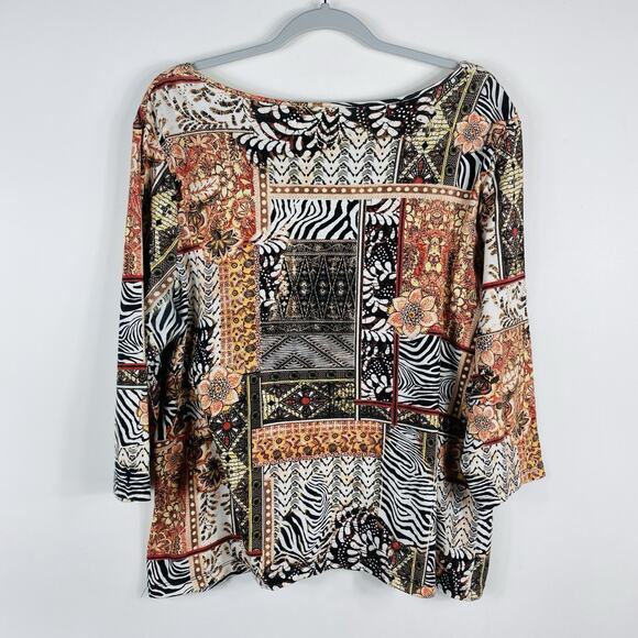 Chico's Top XL 3 16 T-Shirt Tee Cotton 3/4 Sleeve Square Neck Mixed Print - Picture 2 of 3